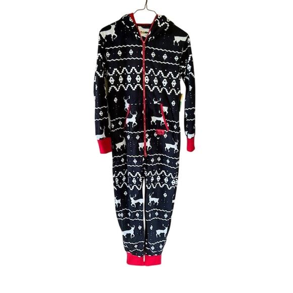 Tipsy Elves Blue Moose Fair Isle Fleece Jumpsuit Pajama Size S, NWOT - Picture 2 of 7